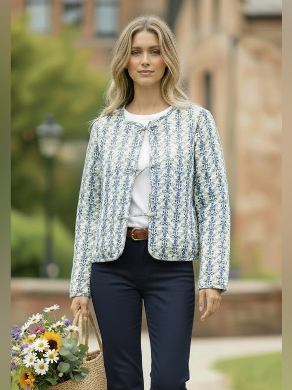 CAROLINE CONSTAS White/Blue Floral Quilted Jacket Medium NWT $395 Cottagecore
